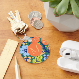 Chaveiro Padrão Floral Moderno Brilhante Monograma