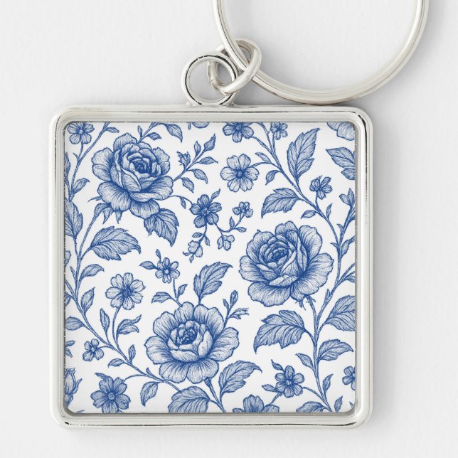 Chaveiro Padrão Floral Real de Rosas Azuis (Frente)