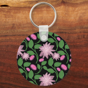 Chaveiro Padrão floral rosa com folhas verdes 