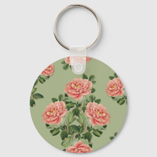 Chaveiro Padrão Floral Rosa em Fundo Verde Sem Costuras