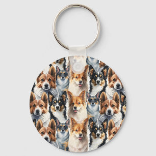 Chaveiro Padrão Fofo de Cachorro Corgi em Aquarela         