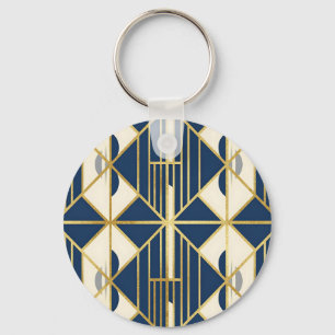 Chaveiro Padrão Geométrico Art Déco em Azul Marinho e Doura