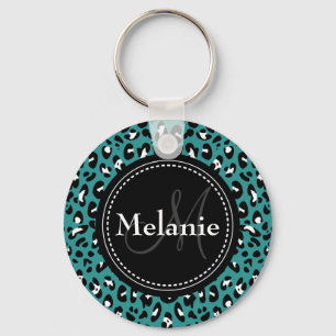 Chaveiro Padrão-Leopardo Branco Preto-Teal Monograma