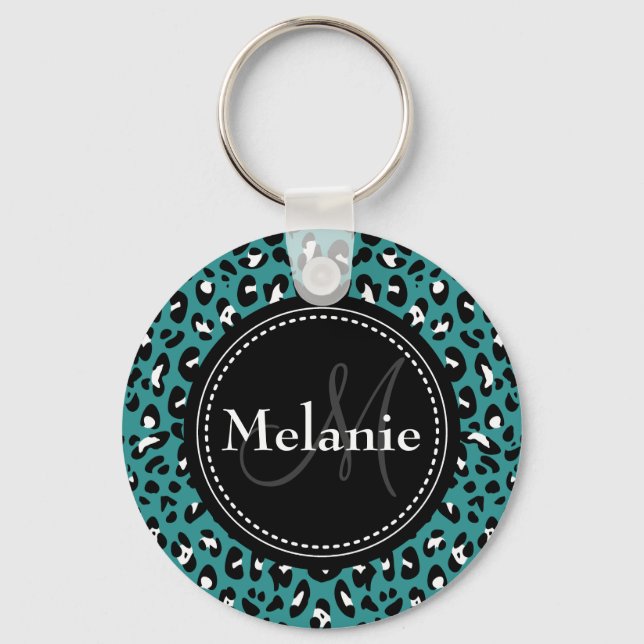 Chaveiro Padrão-Leopardo Branco Preto-Teal Monograma (Frente)