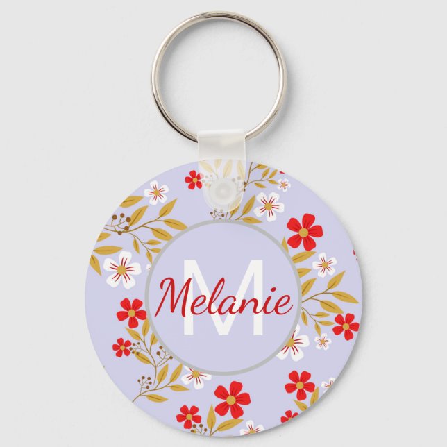 Chaveiro Padrão Personalizado de Flores Vermelhas Bonitas V (Frente)