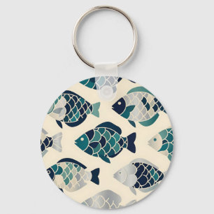 Chaveiro Padrão repetitivo de peixes estilizados em azul-ma