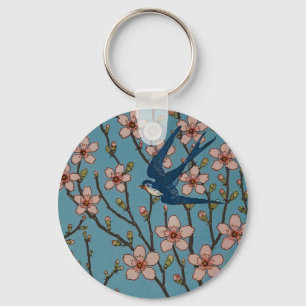Chaveiro Padrão Retrô de Andorinha Floral Azul por Walter C