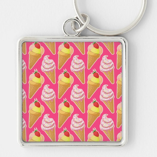 Chaveiro Padrão rosa Kawaii com sorvete de morango (Frente)