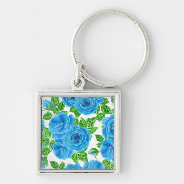 Chaveiro Padrão uniforme de aquarela de rosas azuis (Frente)