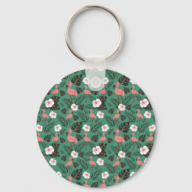 Chaveiro Padrão uniforme Flamingo rosa sobre fundo verde (Frente)