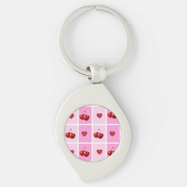 Chaveiro Padrão Xadrez com Coração de Cereja Personalizado (Frente)