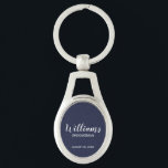 Chaveiro Padrinho de casamento Personalizado de Script Mode<br><div class="desc">Presentes personalizados de Padrinho de casamento com nome de padrinho de casamento personalizado no estilo de fonte branco do script moderno com título e data de casamento no estilo de fonte sans moderno em fundo azul marinho. Perfeito também para o melhor homem, pai da noiva, dama de honra, madrinha de...</div>