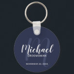 Chaveiro Padrinhos de casamento Personalizados de Script Mo<br><div class="desc">Adicione um toque pessoal ao seu casamento com padrinho de casamento personalizado. Este chaveiro apresenta o nome personalizado dos padrinhos de casamento no estilo de fonte branco do script moderno e monograma no estilo de fonte azul-claro do script moderno do marinho como fundo com o título e a data do...</div>