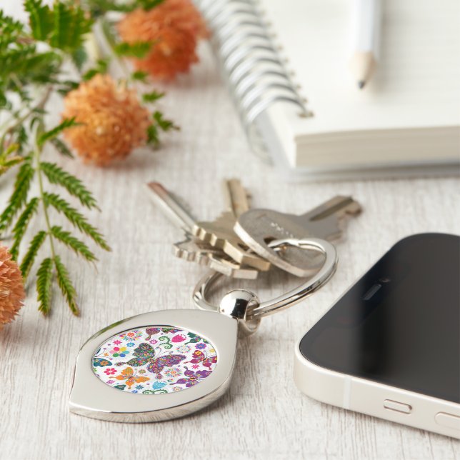 Chaveiro Padrões De Borboletas E Flores Coloridas (Lateral)