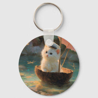 Chaveiro Painting of Fluffy White Kitten Sailing in Coconut
