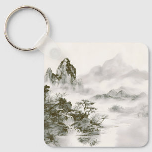 Chaveiro Paisagem Minimalista de Montanha Zen com Tinta Neb