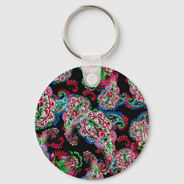 Chaveiro Paisley Floral, Fundo Étnico. (Frente)