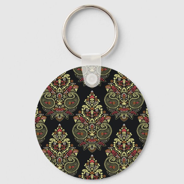 Chaveiro paisley indiano, fundo negro geométrico (Frente)