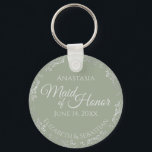 Chaveiro Palácio prateado na Madrinha de casamento Verde Sa<br><div class="desc">Estas belas chaveiros são desenhadas para serem dadas como um presente ou um favor de casamento para a sua madrinha de casamento. O elegante design apresenta uma borda de folha fina de cinza prateada com texto de cinza pálida em um fundo verde-sábio. Há espaço para o nome dela, a data...</div>