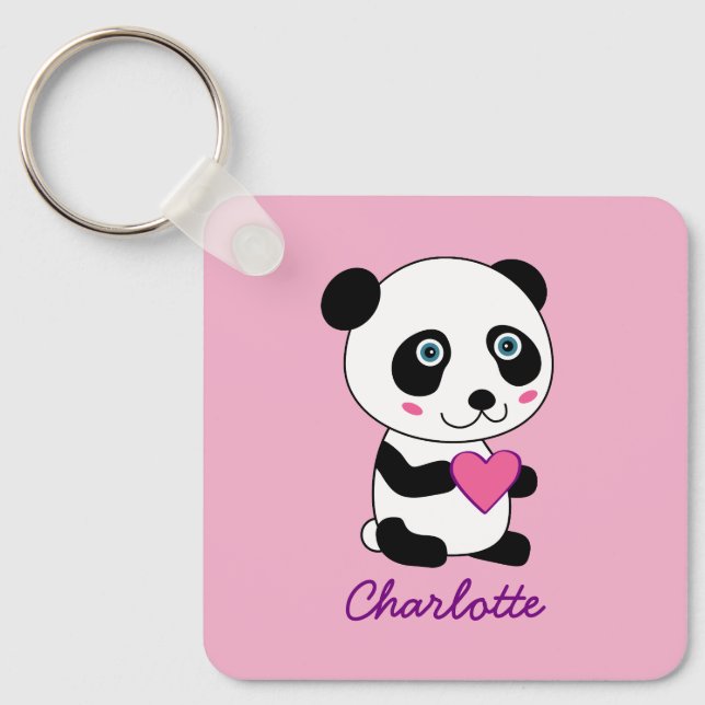 Chaveiro Panda bonita com um nome personalizado cor-de-rosa (Frente)