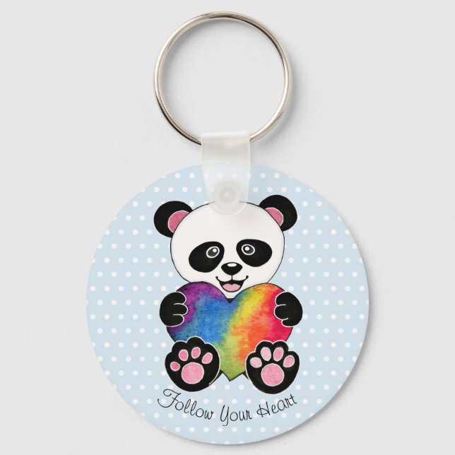 Chaveiro Panda Cuta De Aquarela Com Coração Arco-Íris (Frente)