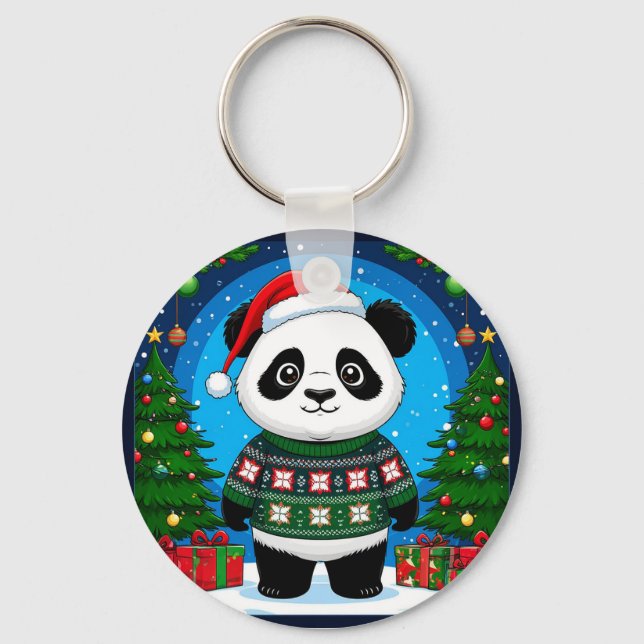 Chaveiro Panda Fofa de Suéter de Natal Usa Chapéu de Papai  (Frente)