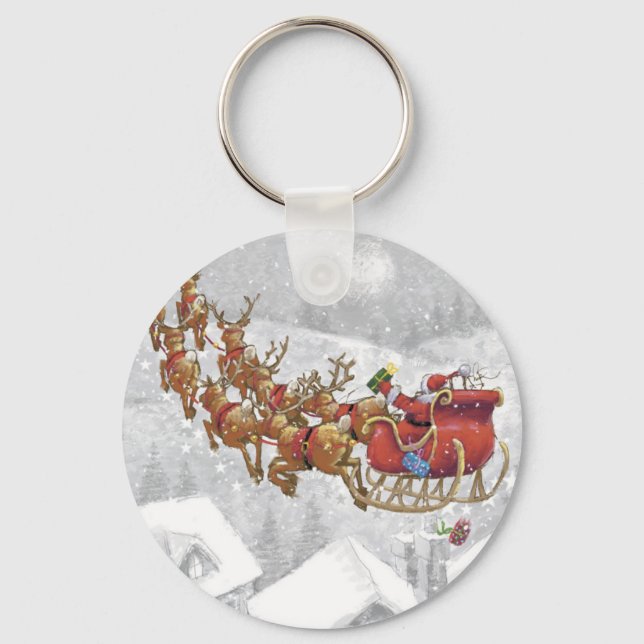 Chaveiro Papai Noel andando de trenó com caixa de presentes (Frente)