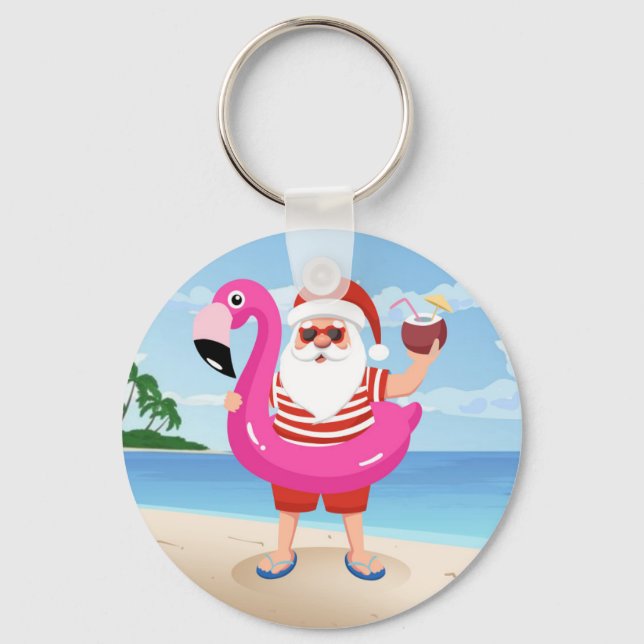 Chaveiro Papai Noel com anel inflável flamingo (Frente)