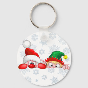 Chaveiro Papai Noel e Elfo Cartoon de Natal fofo e engraçad