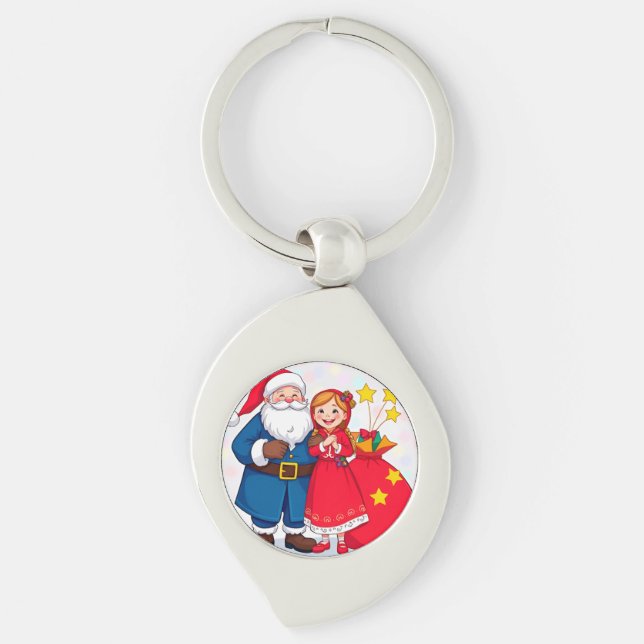 Chaveiro Papai Noel e Menina com um Saco de Presentes (Frente)