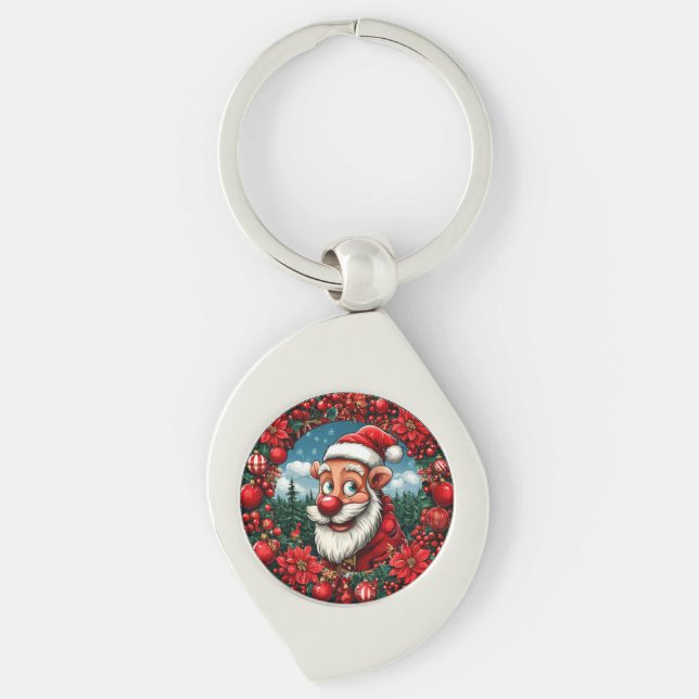 Chaveiro Papai Noel engraçado com Grinalda e Enfeites (Frente)