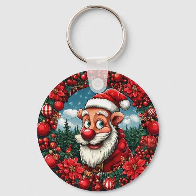 Chaveiro Papai Noel engraçado com Grinalda e Enfeites (Frente)
