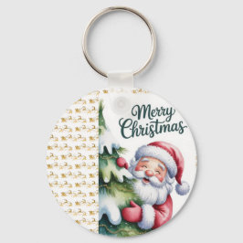 Chaveiro Papai Noel Engraçado e Fofo com Árvore e Tipografi