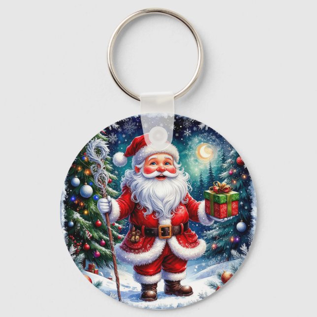 Chaveiro Papai Noel segurando um presente em um Natal mágic (Frente)