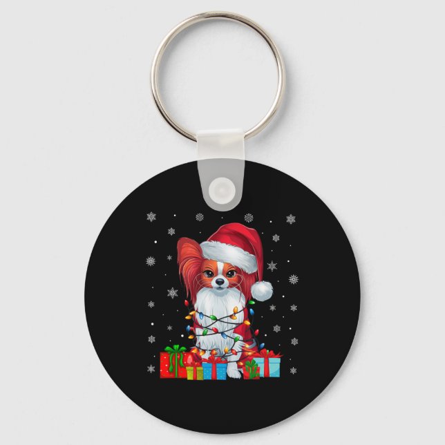 Chaveiro Papillon Dog Ugly Xmas Luzes Papais noeis Papillon (Frente)