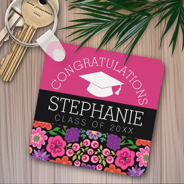 Chaveiro Parabéns Graduada Flores Femininas Graduação (Personalized keychain - Congratulations Graduate)