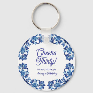 Chaveiro Parabéns trinta aniversário azul real floral borda