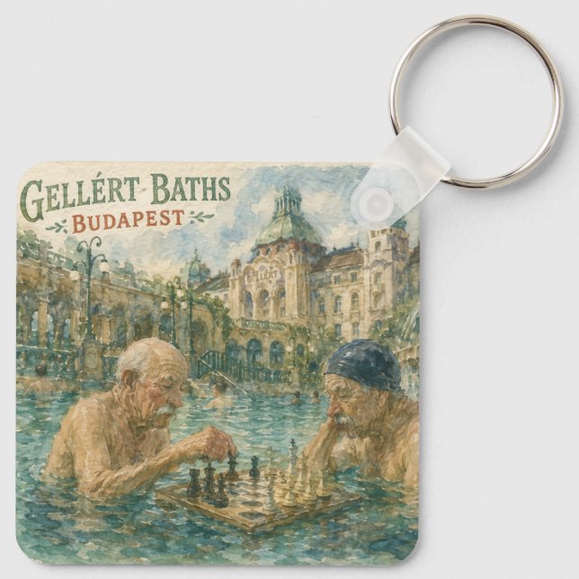 Chaveiro Partida de xadrez Gellert Baths Budapeste Hungria (Verso)