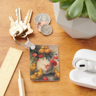 Chaveiro Páscoa Vintage com Frangos e Flores de Tulipa Verm