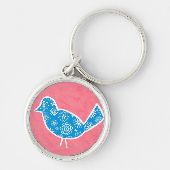 Chaveiro Pássaro Decorativo com Padrões em Fundo Rosa (Frente)