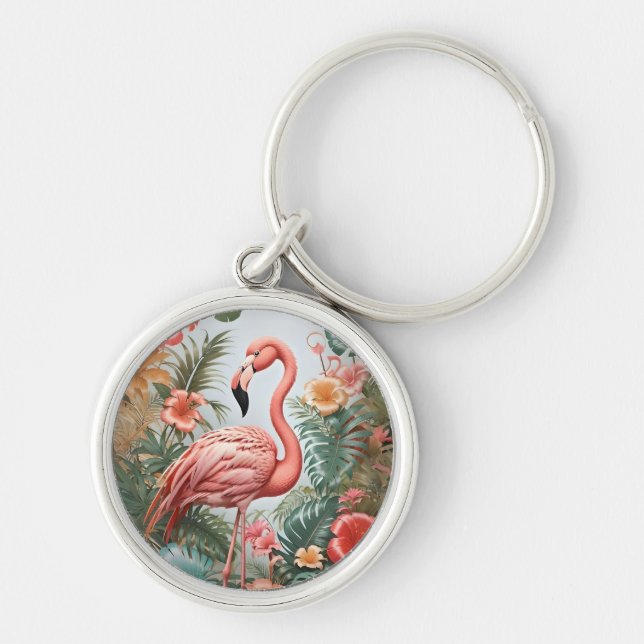Chaveiro Pássaro Flamingo Rosa Elegante e Flores Tropicais (Frente)