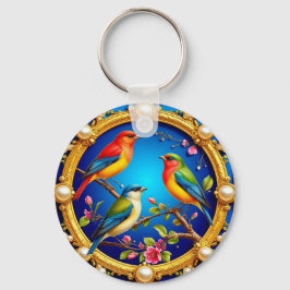Chaveiro Pássaros Coloridos no Quadro do Ouro Ornamentado