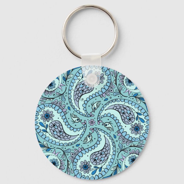 Chaveiro Pássaros da Paisley em azul-bebê (Frente)