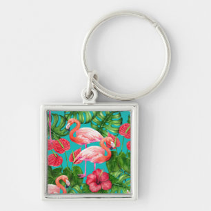 Chaveiro Pássaros Flamingo e aquarela de jardim tropical