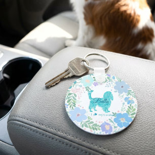 Chaveiro Pastel Azul Cavalier King Charles Spaniel Floral 