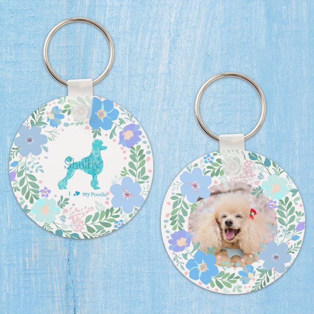 Chaveiro Pastel Blue Poodle Custom Floral Name & Photo (Criador carregado)