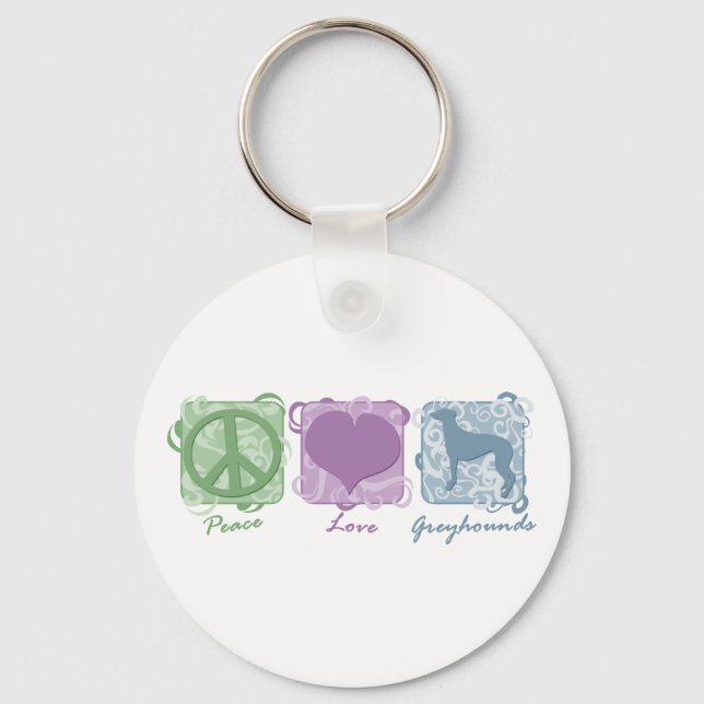 Chaveiro Pastel Peace, Love e Greyhounds (Frente)