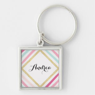 Chaveiro Pastel Stripes Dourada Glitter Personalizado Chave