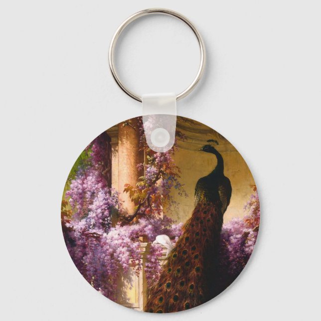 Chaveiro Pavão e pombos em jardim (Frente)