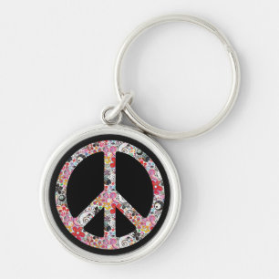 Chaveiro Paz de flower power mim preto de